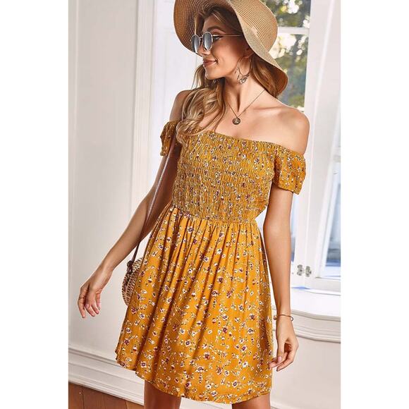 Mustard Yellow Smocked Floral Babydoll Dress - Medium - Picture 2 of 5